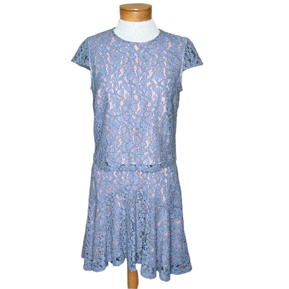 Cynthia Rowley Dusty Blue Sheer Lace Top Size 6 & Skirt Size 8 w/Blush Lining